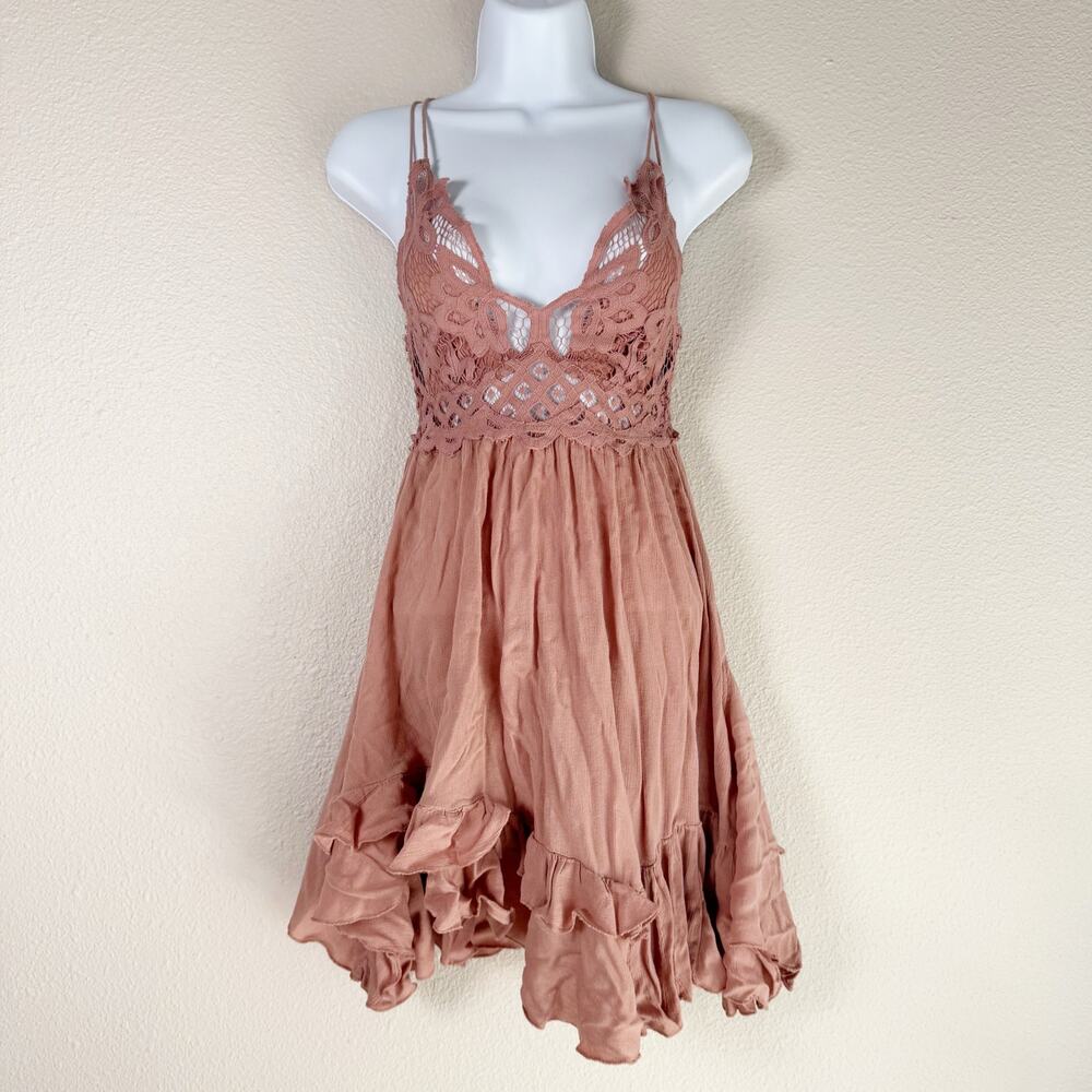free people | adella pink rose lace bohemian women's mini dress sz XS